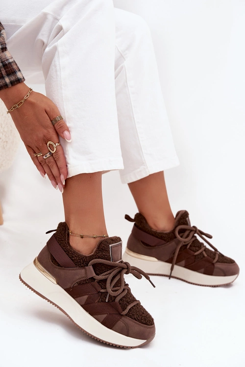 Ocieplane Sneakersy Damskie Na Platformie Brązowe Juvira