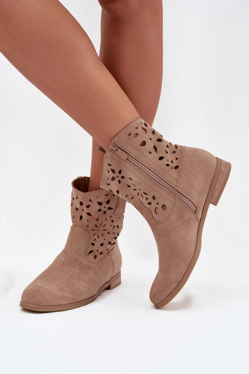Botki Damskie Z Ażurowym Wzorem Na Płaskim Obcasie Eko Zamszowe Beżowe Athera
