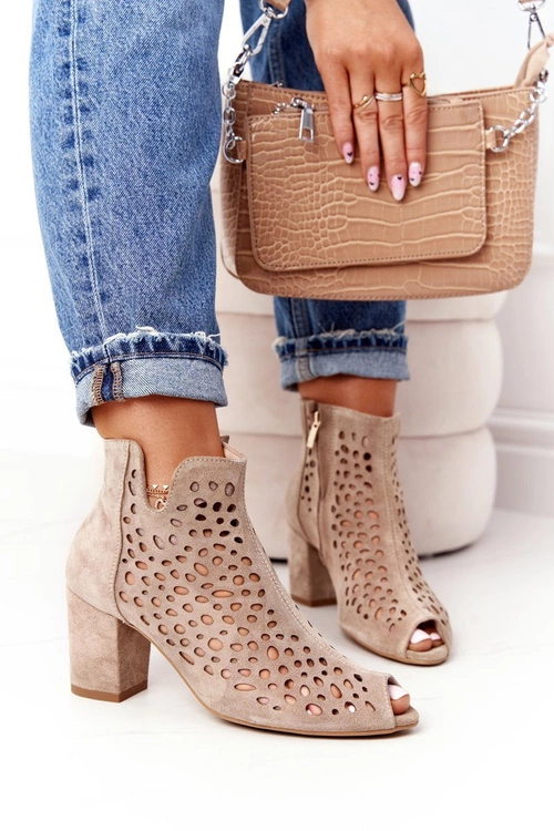 Ażurowe Skórzane Botki Na Słupku Exquisite 1184 Beżowe