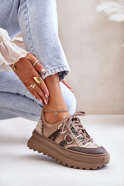 Skórzane Sneakersy Damskie Na Platformie Maciejka 06562-10 Ciemnobeżowe