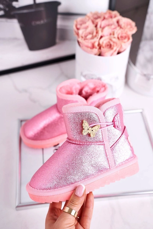 Ocieplane dziecięce botki śniegowce z motylkiem różowe Cosmic