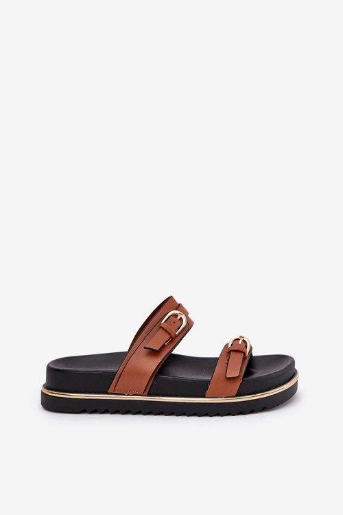 Klapki Damskie Gładkie Na Platformie Z Paskami I Klamrami Camel Ziferte