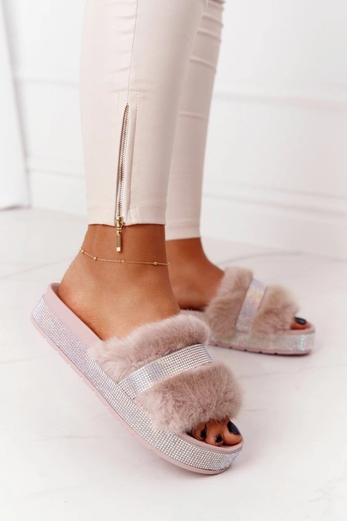 Klapki Na Platformie Z Futerkiem I Cyrkoniami Beżowe Impress