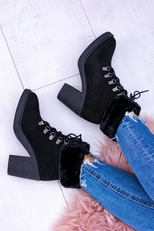 Czarne Damskie Botki Z Futerkiem Na Słupku Influence