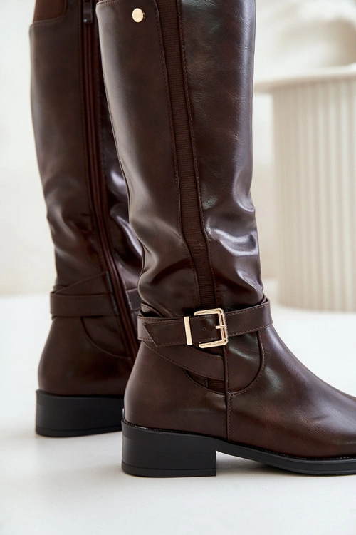 Damskie Ocieplane Kozaki Na Płaskim Obcasie Ze Złotą Klamrą Brązowe Arsisna