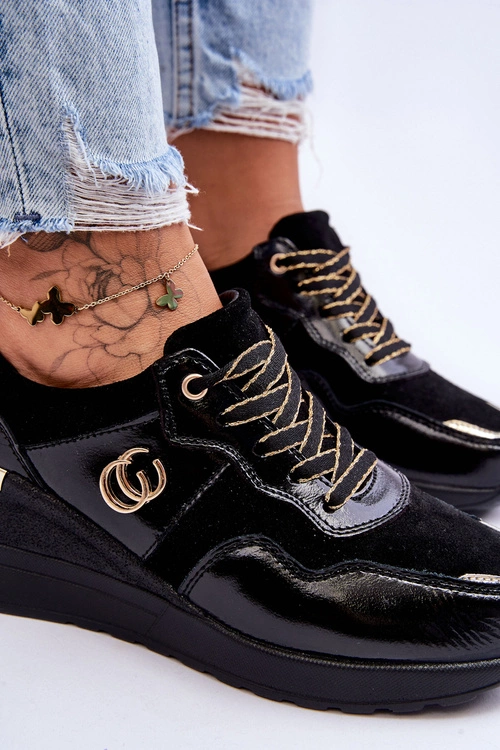 Damskie Skórzane Buty Sportowe Na Koturnie Czarne Rebeca