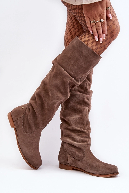 Damskie Zamszowe Kozaki Do Kolan Maciejka 05790-04 Beżowe