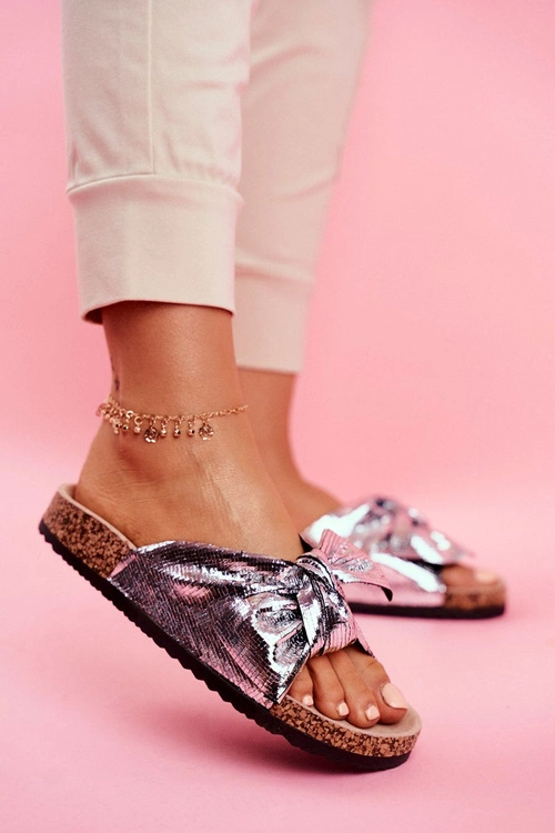 Klapki Damskie z Dużą Kokardą Srebrne Lovely Time