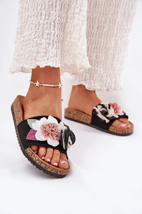 Klapki Damskie Z Kwiatkami Na Korkowej Platformie Czarne Zinrosa