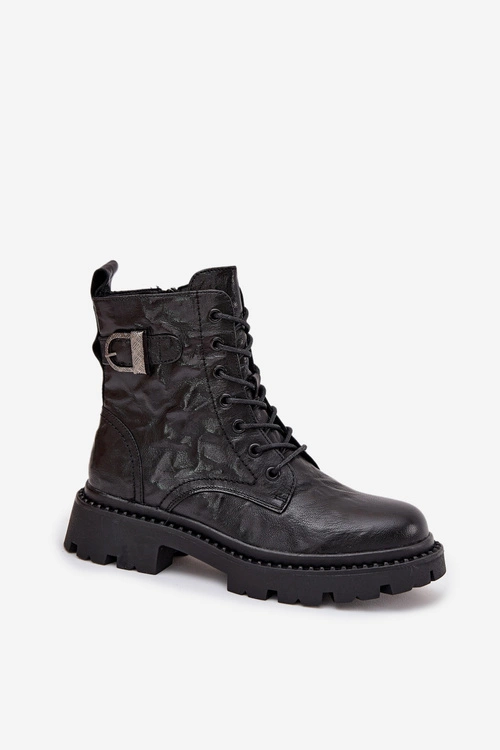 Skórzane Botki Damskie Z Efektem Marszczenia I Klamrą Artiker 57C1008 Czarne