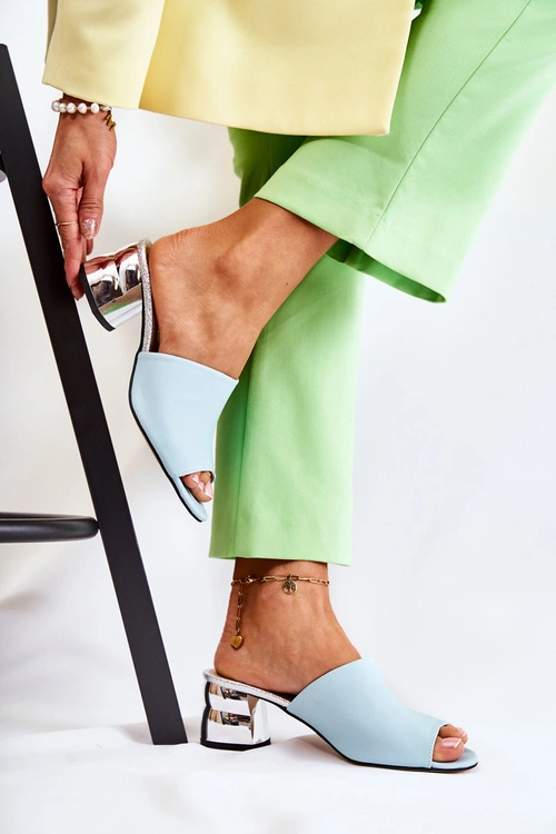 Skórzane Klapki Damskie Na Obcasie Niebieskie Perry