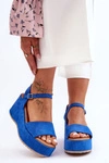 Damskie Zamszowe Sandałki Na Koturnie Niebieskie Lydia