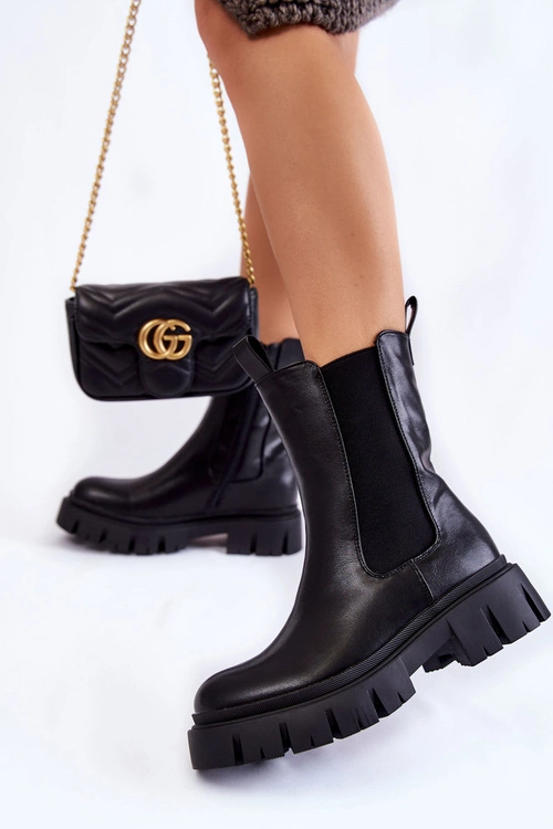 Damskie Botki Workery Na Platformie Czarne Aliana