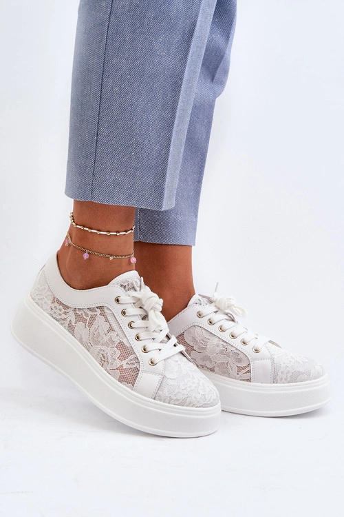 Koronkowe Sneakersy Damskie Na Platformie S.Barski HY51-059 Białe