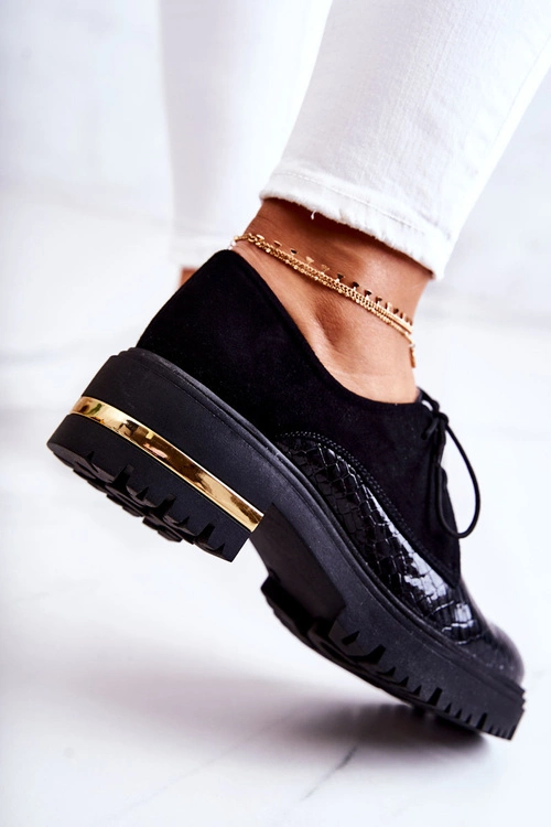 Damskie Skórzane Półbuty Wiązane Czarne Merevin