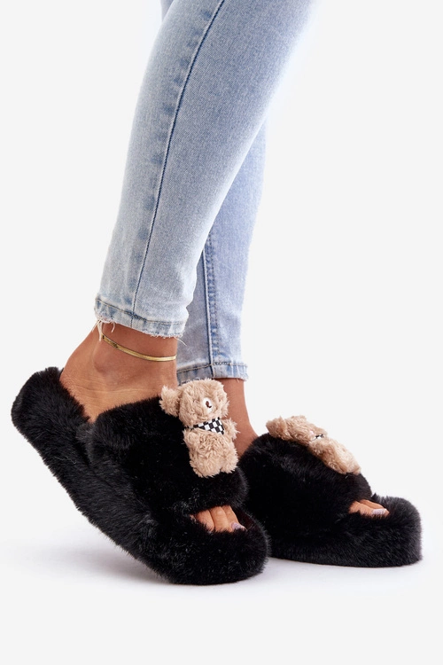 Futrzane Kapcie Damskie Z Misiem Czarne Romania