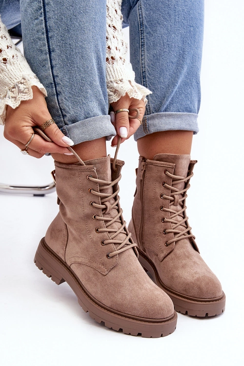 Damskie Botki Workery Na Suwak Ciemnobeżowe Ninsuni