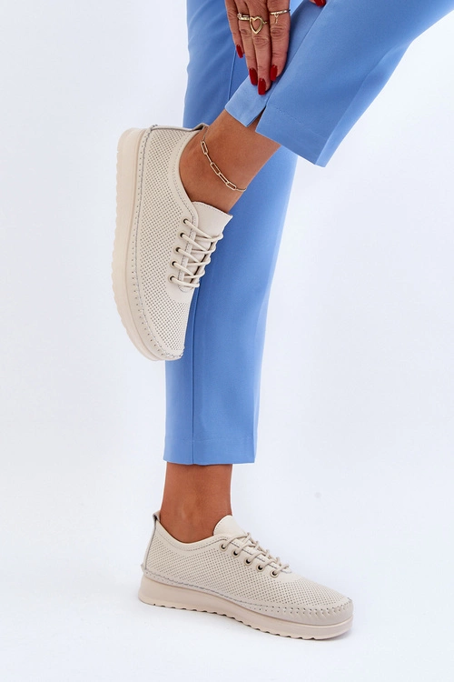 Skórzane Sportowe Buty Trampki Damskie Beżowe Lalnai