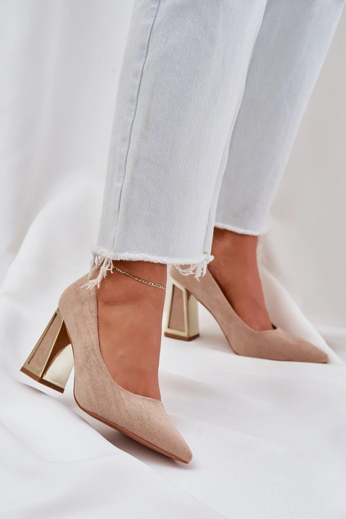 Eleganckie Czółenka Na Słupku Szpiczaste Noski Ciemnobeżowe Falseki