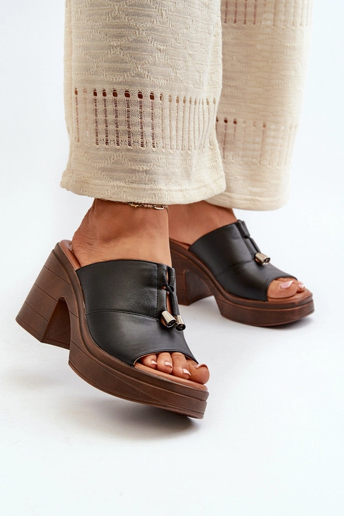 Klapki Damskie Z Eko Skóry Na Platformie I Klocku Czarne Dafira