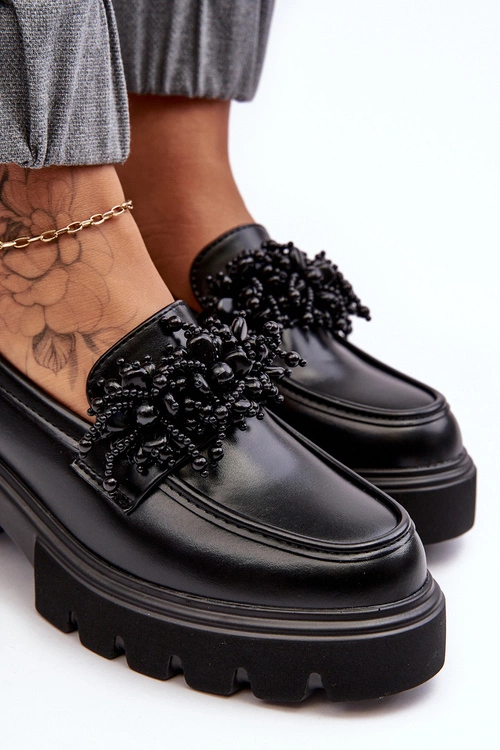 Damskie Skórzane Półbuty Z Ozdobą Czarne Renesma