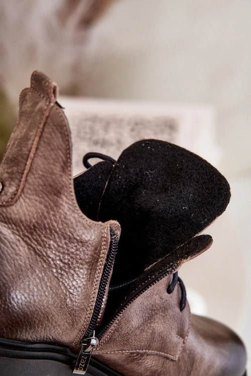 Zazoo 60309 Damskie Skórzane Botki Na Płaskim Obcasie Ciemnobeżowe