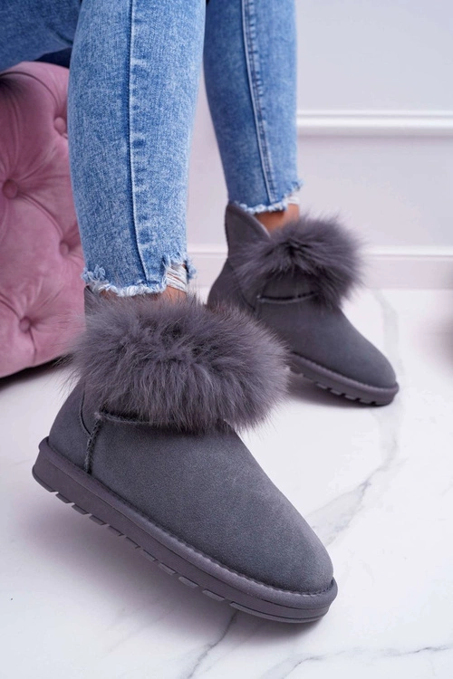 Damskie Botki Śniegowce Ocieplane Futerkiem Skóra Zamsz Szare Memento