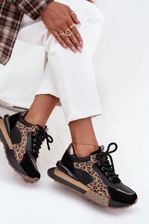 Skórzane Sneakersy Damskie Na Platformie Panterka Artiker 55C0134 Czarne