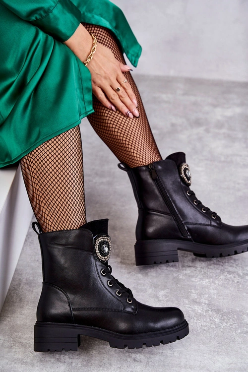 Ocieplane Skórzane Botki Z Ozdobą Czarne Blandi