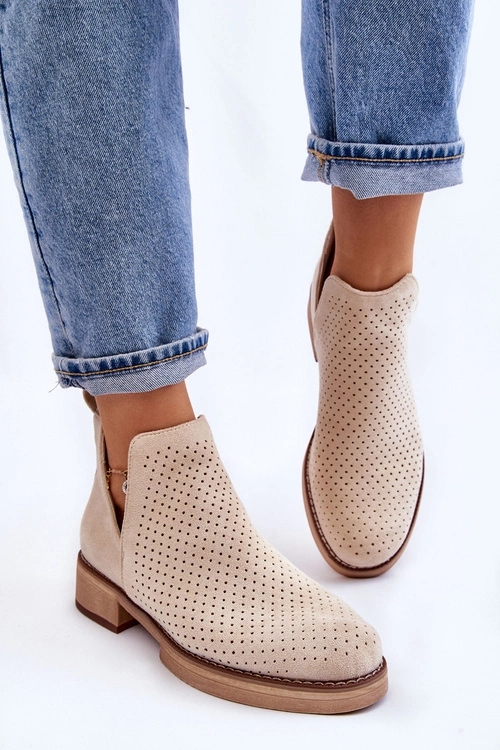 Zamszowe Ażurowe Botki Na Płaskim Obcasie Beżowe Angie