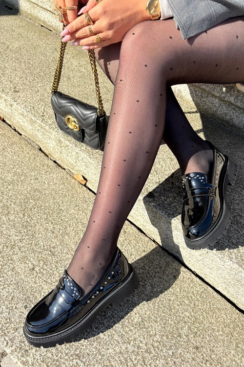 Mokasyny Damskie Lakierowane Ze Zdobieniem Czarne Nallae