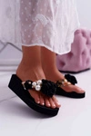 Damskie Klapki Z Kwiatem Japonki Na Koturnie Czarne Sharme