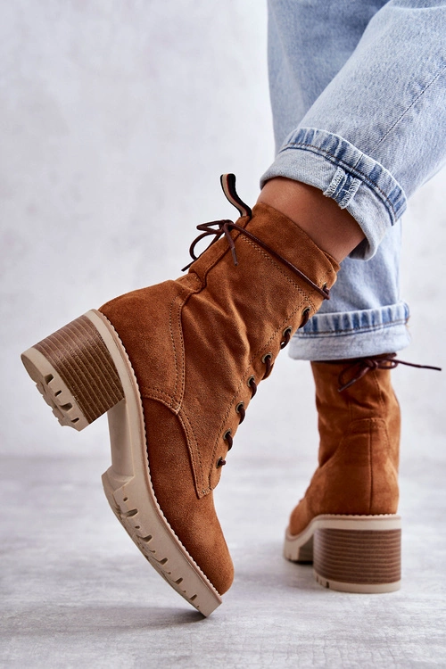 Damskie Ocieplane Botki Trapery Na Obcasie Camel Julieta