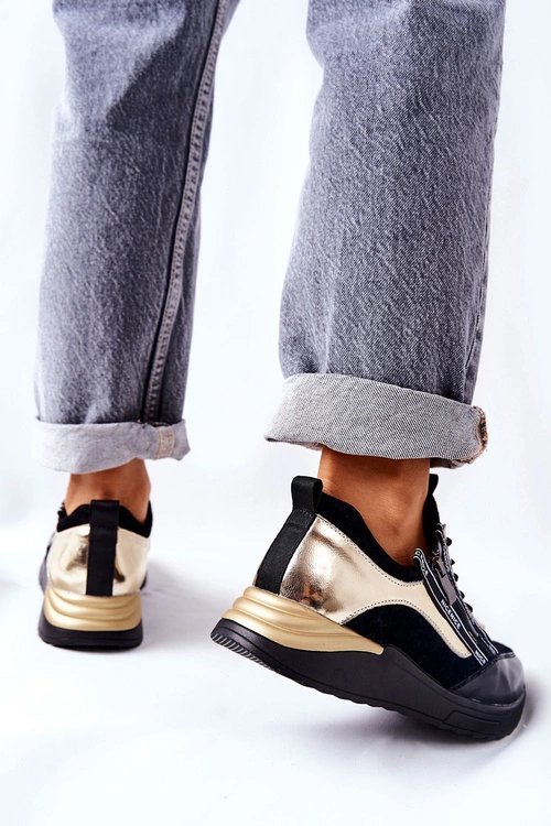 Skórzane Sportowe Buty Sneakersy Czarno Złote Minor