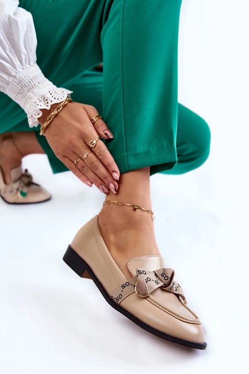 Damskie Skórzane Mokasyny Z Kokardą Beżowe Dayes