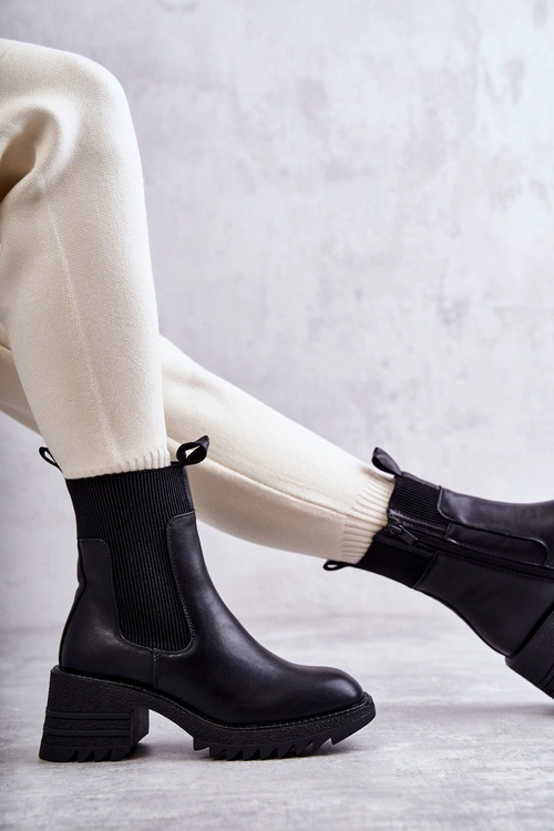 Damskie Ocieplane Botki Na Obcasie Czarne Abella