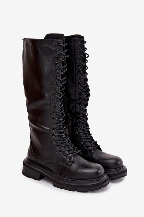 Kozaki Glany Damskie Ocieplane Eko Skórzane Czarne Selvina