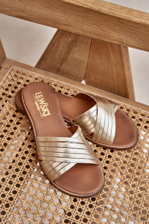 Skórzane Damskie Klapki Lewski Shoes 3682 Złote