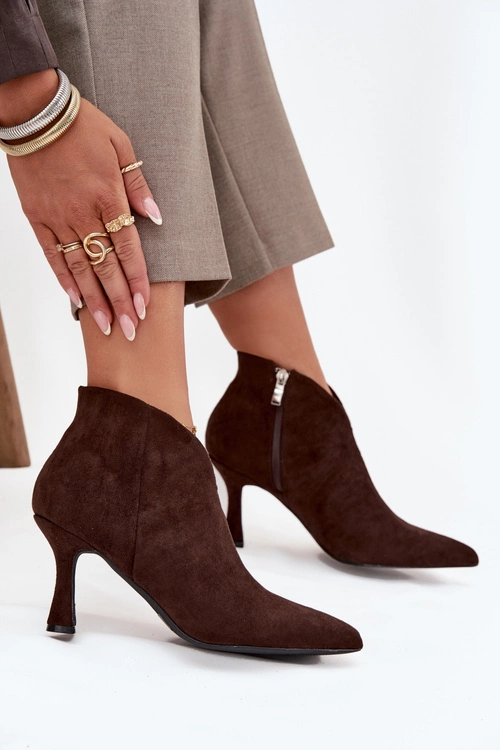Niskie Botki Damskie Na Szpilce Eko Zamszowe Czekoladowe Jolivra