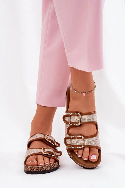 Materiałowe Klapki Damskie Na Korkowej Platformie Z Klamrami Camel Osoffe