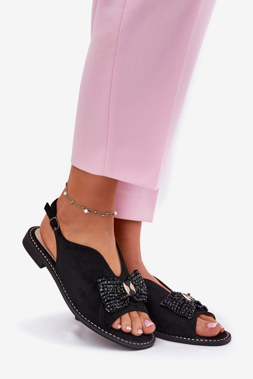 Sandały Damskie Z Kokardą Na Płaskim Obcasie S.Barski KV51-014 Czarne