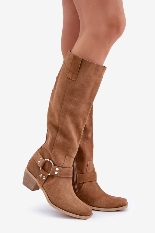 Zamszowe Kozaki Na Niskim Obcasie Z Cholewką Przed Kolano Zazoo 3444/O Camel