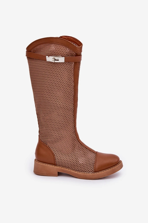 Siateczkowe Kozaki Na Płaskim Obcasie Do Połowy Łydki Brązowe Asgerda