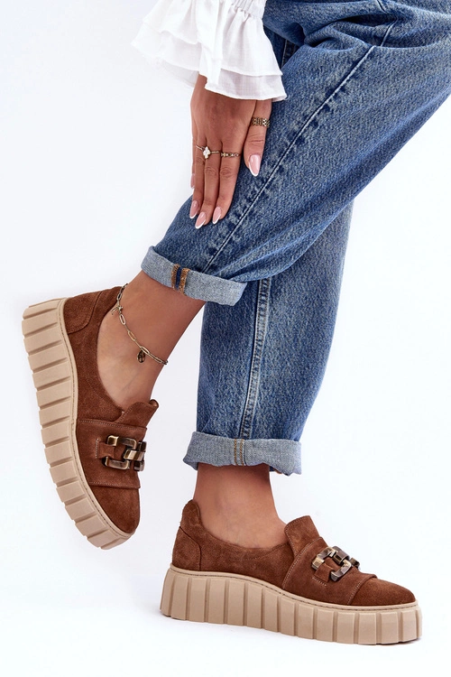 Zamszowe Półbuty Damskie Na Platformie Z Ozdobą Brązowe Lewski 3398