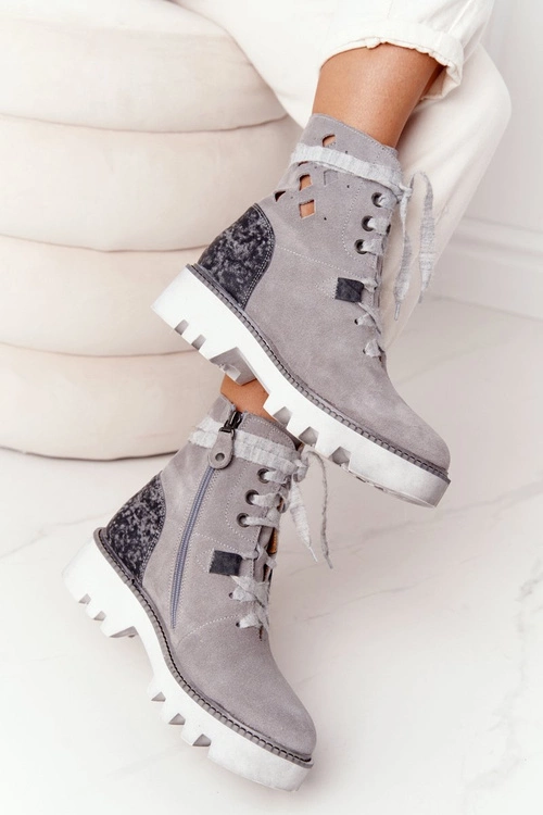 Zamszowe Ażurowe Botki Maciejka Popielate 05033-03