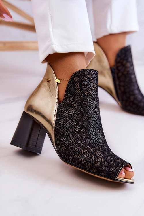 Skórzane Botki Na Słupku Maciejka 05507-01 Czarno-Złote