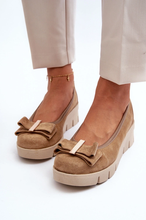 Baleriny Skórzane Na Platformie Z Ozdobą Ciemno Beżowe Lewski 3384