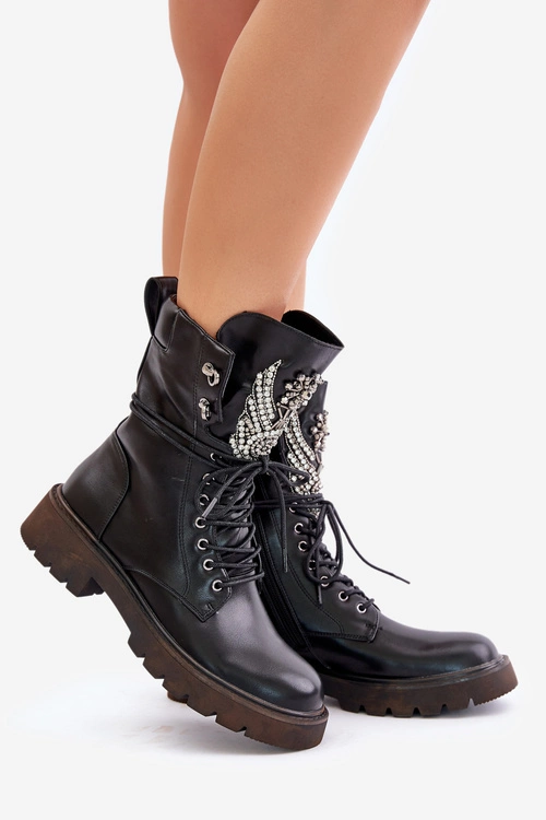 Eko Skórzane Botki Workery Ze Zdobieniem Ocieplane D&A MR880-080 Czarne