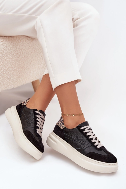 Skórzane Sneakersy Damskie Na Platformie Panterka Zazoo N1263 Czarne