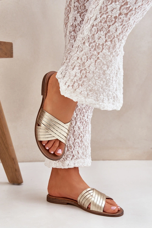 Skórzane Damskie Klapki Lewski Shoes 3682 Złote